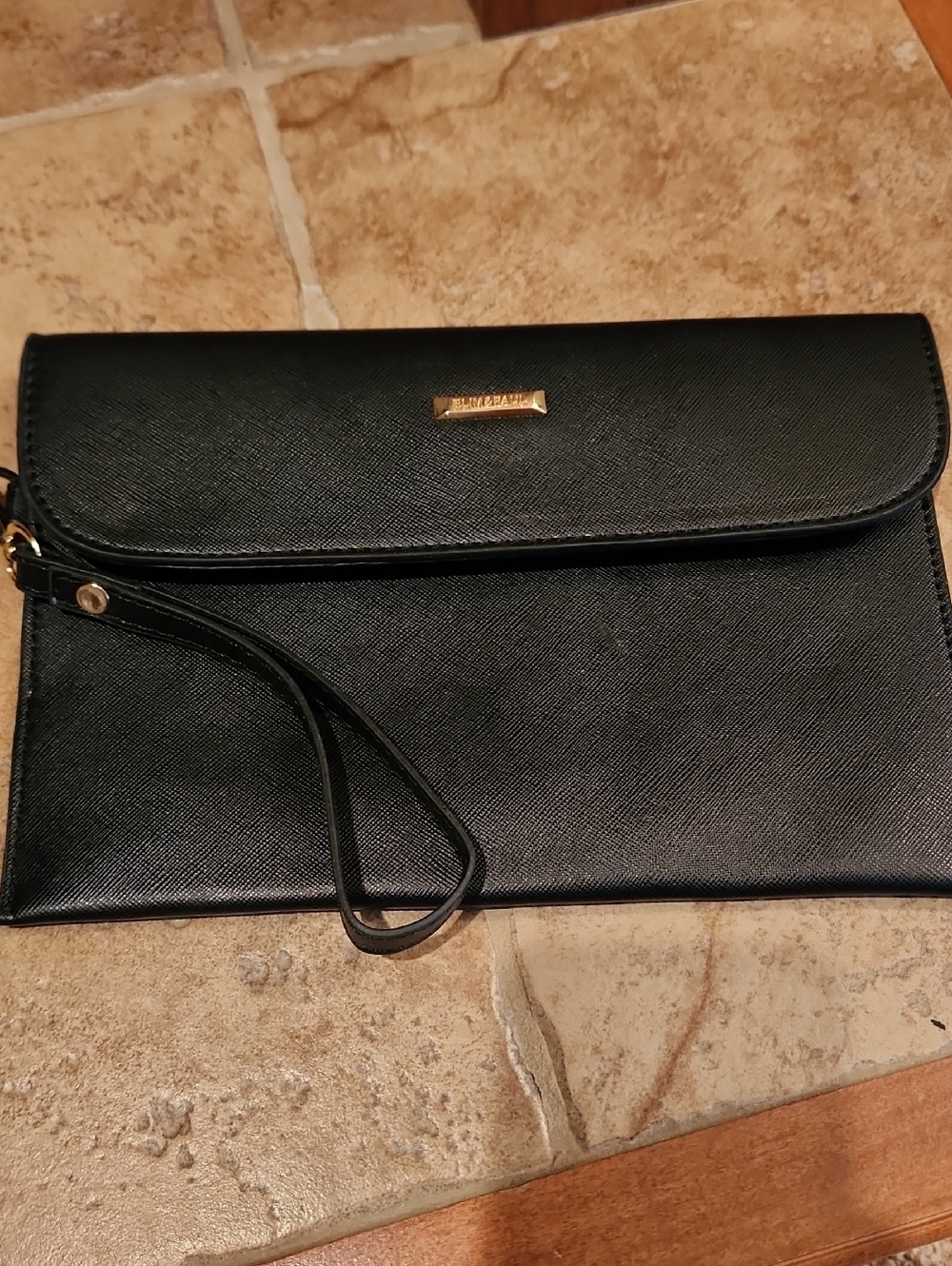 Elim& Paul Black Wristlet Envelope Clutch with Gold Accent